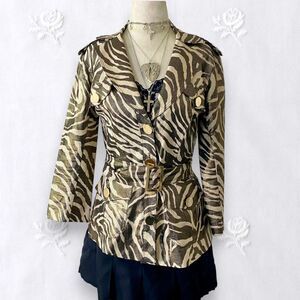 VTG 90s Cache Gold Metal Zebra Linen Cotton Button Tailored Belted Jacket XS